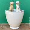 White, hand made, unique, ceramic plant pot without drain hole with one white and one brown dog on the pot top directly from the artist's work shop, offered for sale by TOMs FLOWer CLUB.