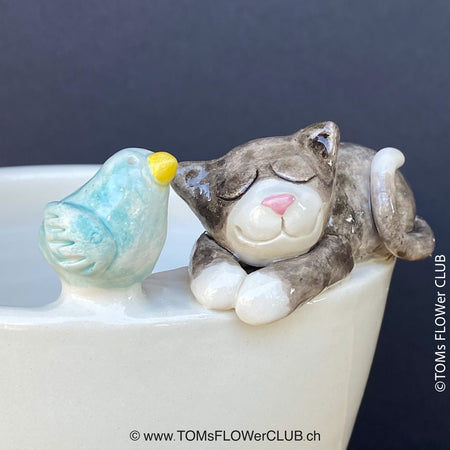 White, hand made, unique, ceramic plant pot without drain hole with one bird and sleeping cat on the pot top directly from the artist's work shop, offered for sale by TOMs FLOWer CLUB.