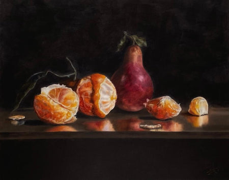 Intriguing "Fruits in the Darkness" Oil Painting by Czech artist Viktoria Penner. Available at TOMs ART FLOWer Club. Own this unique masterpiece, 24 x 30 cm.