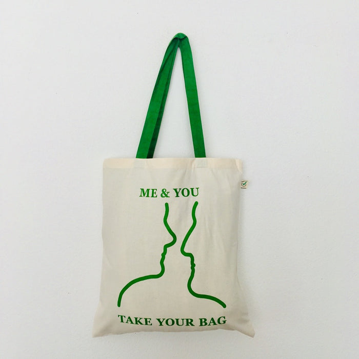 ME & YOU - beige bag with green handle - 38 x 42 cm