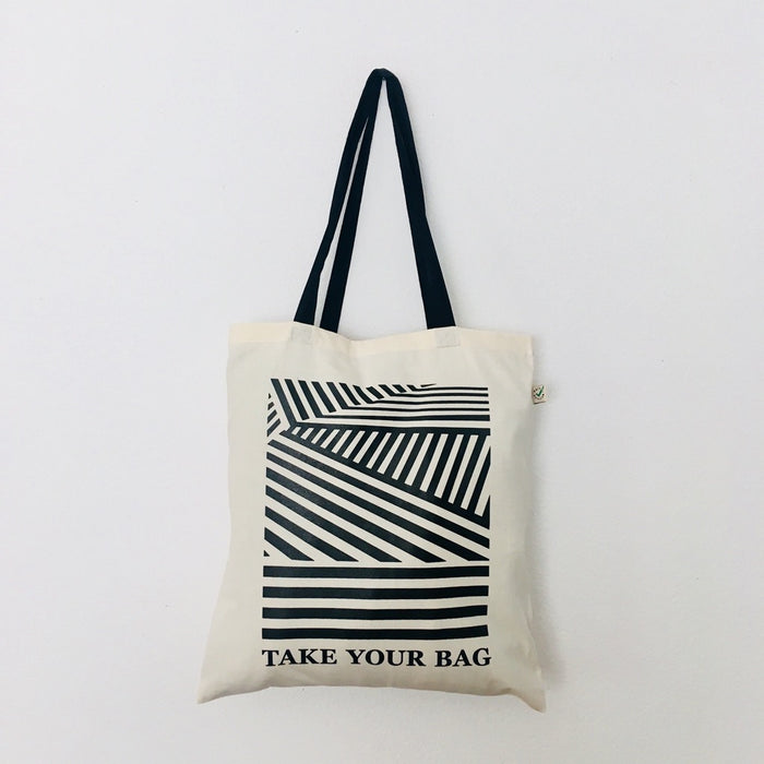 LINEAR - beige bag with black handle - 38 x 42 cm