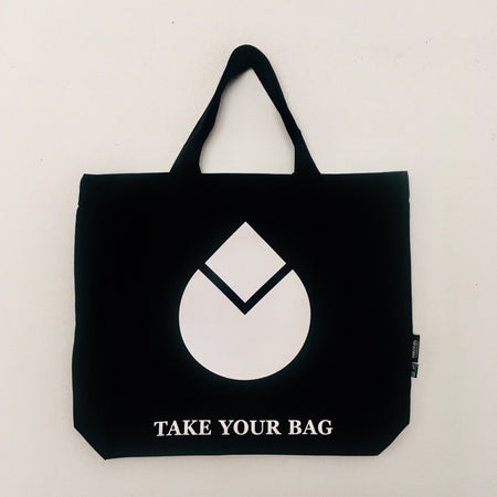 Black TAKE YOUR BAG with white WATER DROP design made of 100% organic cotton, NEUTRAL® and FAIRTRADE® certified.