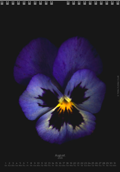 Calendar 2026 made by Swiss photographer TOMAS RODAK with a pancy flower offered for sale at TOMs FLOWer CLUB. 