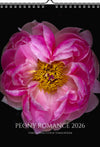 Calendar cover with a pink peony flower on a black background, featuring the text 'Peony Romance 2026' and 'Tomas Flower Club by Tomas Rodak'.