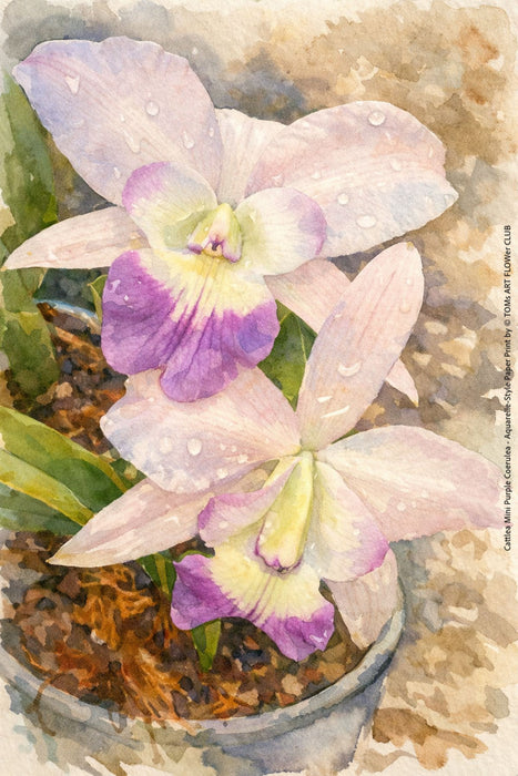 Cattlea Mini Purple Coerulea, Aquarelle-style paper print, after an original photograph by Swiss photographer TOMas Rodak for sale at TOMs FLOWer CLUB. 