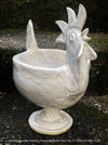 Close-up of the rooster-shaped ceramic planter showing detailed glaze texture and sculpted form; fits pots up to 13cm; handcrafted studio ceramic.
