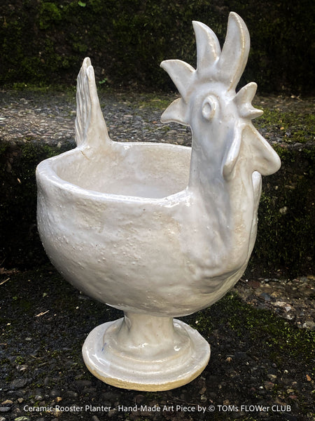 Close-up of the rooster-shaped ceramic planter showing detailed glaze texture and sculpted form; fits pots up to 13cm; handcrafted studio ceramic.