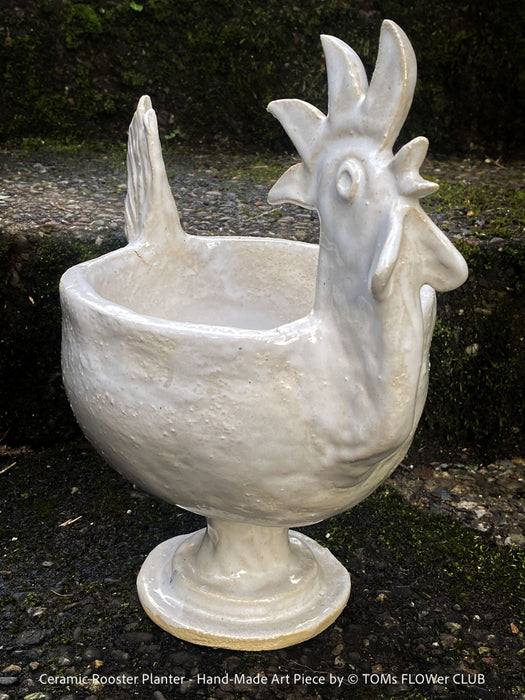 Close-up of the rooster-shaped ceramic planter showing detailed glaze texture and sculpted form; fits pots up to 13cm; handcrafted studio ceramic.