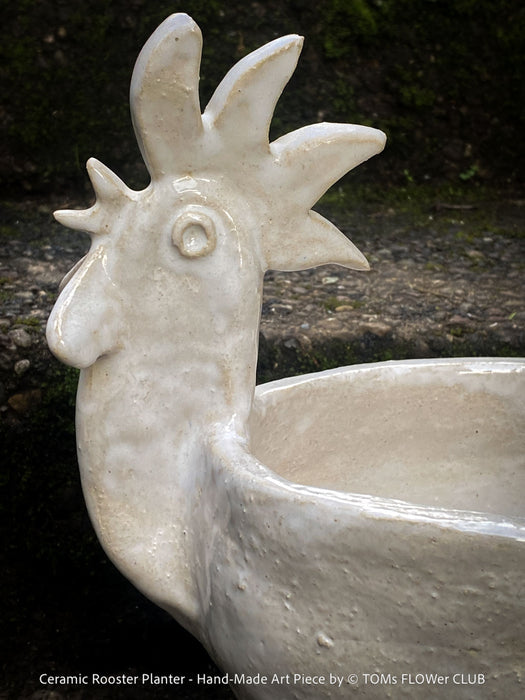Detail shot of the glaze finish on the rooster-shaped planter, featuring soft beige–white tones and artisanal firing marks; 1/1 ceramic artwork.