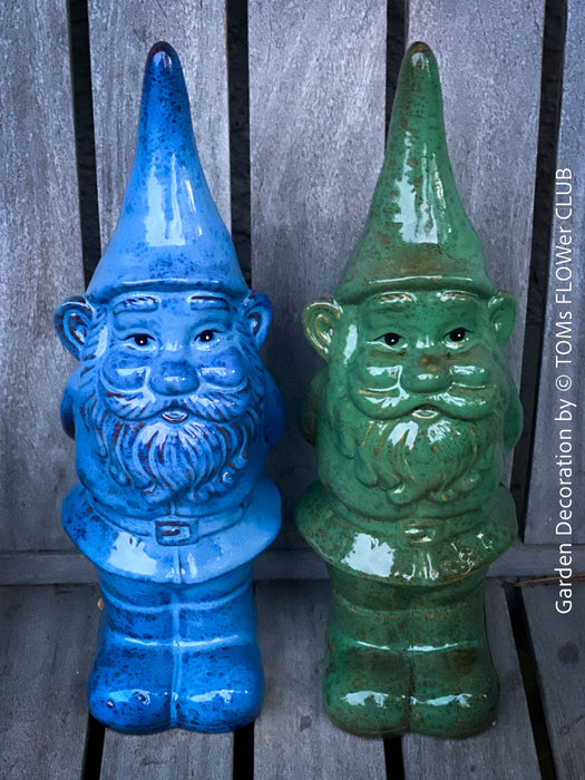 Garden Gnome in blue und green, garden sculpture decoration, for sale by TOMs FLOWer CLUB.