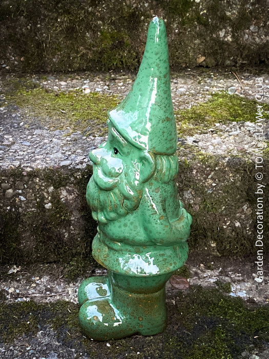 Garden Gnome in blue und green, garden sculpture decoration, for sale by TOMs FLOWer CLUB.