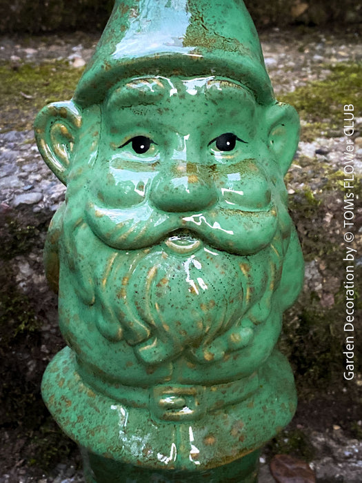 Garden Gnome in blue und green, garden sculpture decoration, for sale by TOMs FLOWer CLUB.