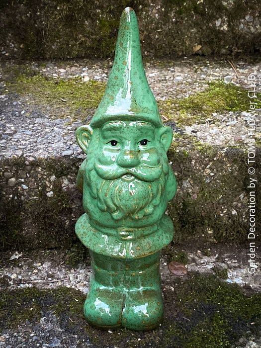 Garden Gnome in blue und green, garden sculpture decoration, for sale by TOMs FLOWer CLUB.