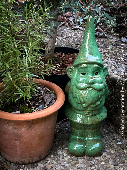 Garden Gnome in blue und green, garden sculpture decoration, for sale by TOMs FLOWer CLUB.