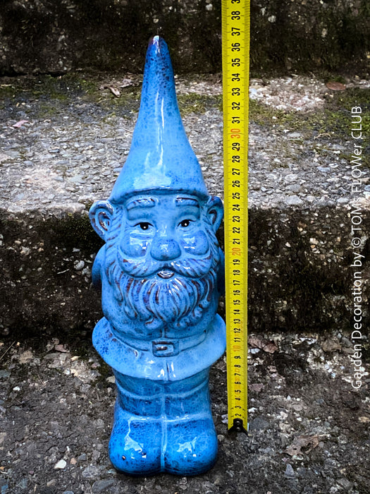 Garden Gnome in blue und green, garden sculpture decoration, for sale by TOMs FLOWer CLUB.