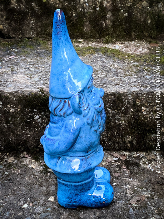 Garden Gnome in blue und green, garden sculpture decoration, for sale by TOMs FLOWer CLUB.