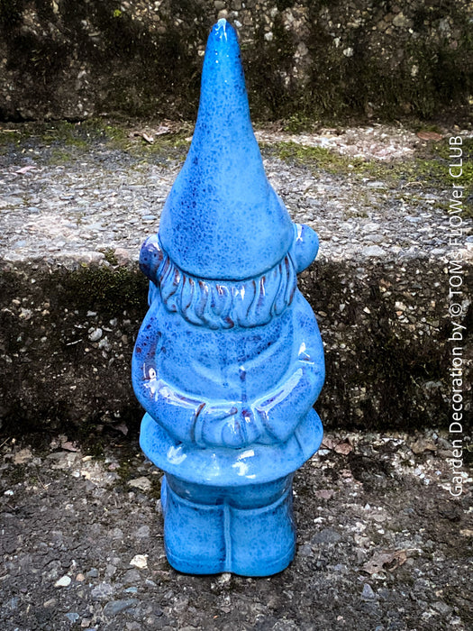 Garden Gnome in blue und green, garden sculpture decoration, for sale by TOMs FLOWer CLUB.