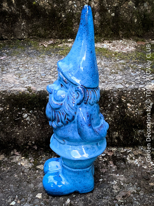 Garden Gnome in blue und green, garden sculpture decoration, for sale by TOMs FLOWer CLUB.