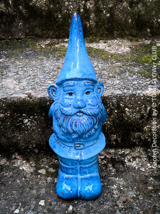 Garden Gnome in blue und green, garden sculpture decoration, for sale by TOMs FLOWer CLUB.