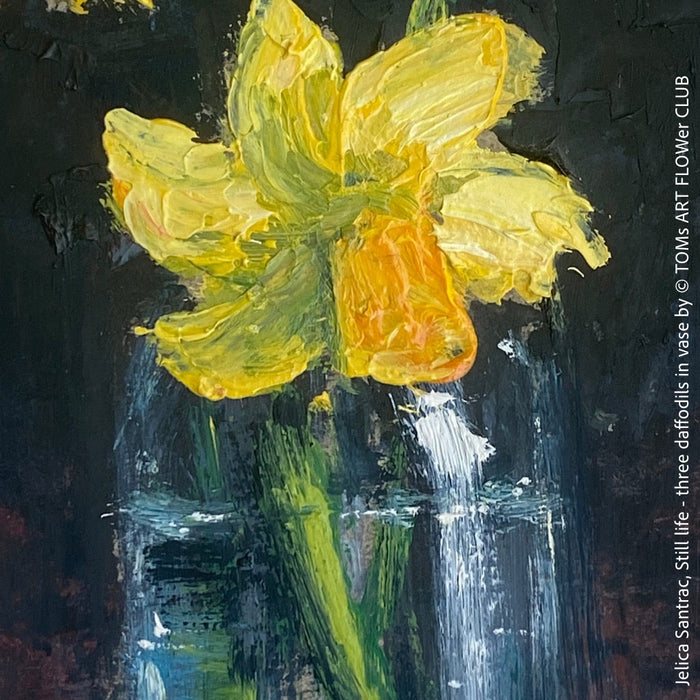 Jelica Santrac, Still life - three daffodils in vase, acrylic, double framed for sale at TOMs FLOWer CLUB, TOMs ART FLOWer CLUB.