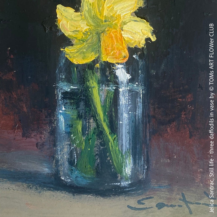 Jelica Santrac, Still life - three daffodils in vase, acrylic, double framed for sale at TOMs FLOWer CLUB, TOMs ART FLOWer CLUB.