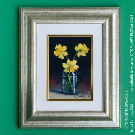 Jelica Santrac, Still life - three daffodils in vase, acrylic, double framed for sale at TOMs FLOWer CLUB, TOMs ART FLOWer CLUB.