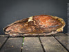 Reddish-brown petrified wood from Cherry Creek, Nevada, polished on both sides, 29 cm long, displayed with two wooden holders, for sale at TOMs FLOWer CLUB in Zurich, Switzerland.