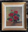 Franz Vettiger, 1944, Swiss art, Schweizer Künstler, rote Geranien, red Geraniums, Bauernhaus, floral paintings for sale at TOMs FLOWer CLUB, online Kunstgalerie. 