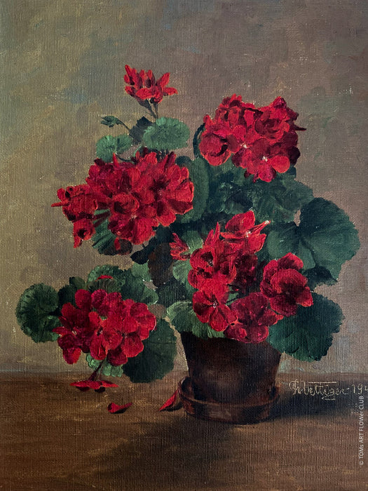 Franz Vettiger, 1944, Swiss art, Schweizer Künstler, rote Geranien, red Geraniums, Bauernhaus, floral paintings for sale at TOMs FLOWer CLUB, online Kunstgalerie. 