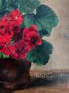 Franz Vettiger, 1944, Swiss art, Schweizer Künstler, rote Geranien, red Geraniums, Bauernhaus, floral paintings for sale at TOMs FLOWer CLUB, online Kunstgalerie. 