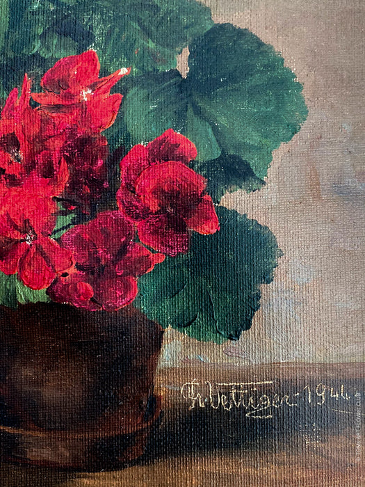 Franz Vettiger, 1944, Swiss art, Schweizer Künstler, rote Geranien, red Geraniums, Bauernhaus, floral paintings for sale at TOMs FLOWer CLUB, online Kunstgalerie. 