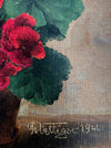 Franz Vettiger, 1944, Swiss art, Schweizer Künstler, rote Geranien, red Geraniums, Bauernhaus, floral paintings for sale at TOMs FLOWer CLUB, online Kunstgalerie. 