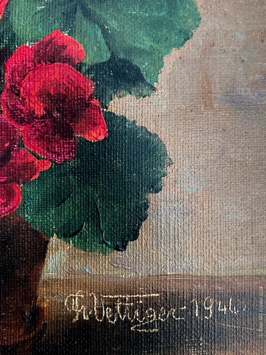 Franz Vettiger, 1944, Swiss art, Schweizer Künstler, rote Geranien, red Geraniums, Bauernhaus, floral paintings for sale at TOMs FLOWer CLUB, online Kunstgalerie. 