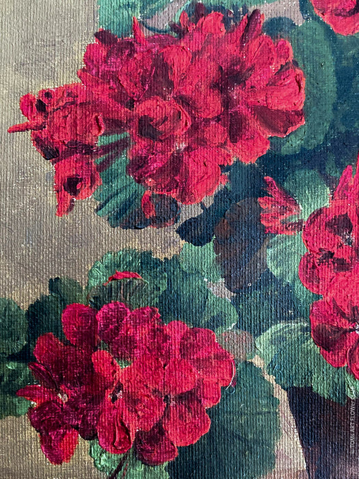 Franz Vettiger, 1944, Swiss art, Schweizer Künstler, rote Geranien, red Geraniums, Bauernhaus, floral paintings for sale at TOMs FLOWer CLUB, online Kunstgalerie. 