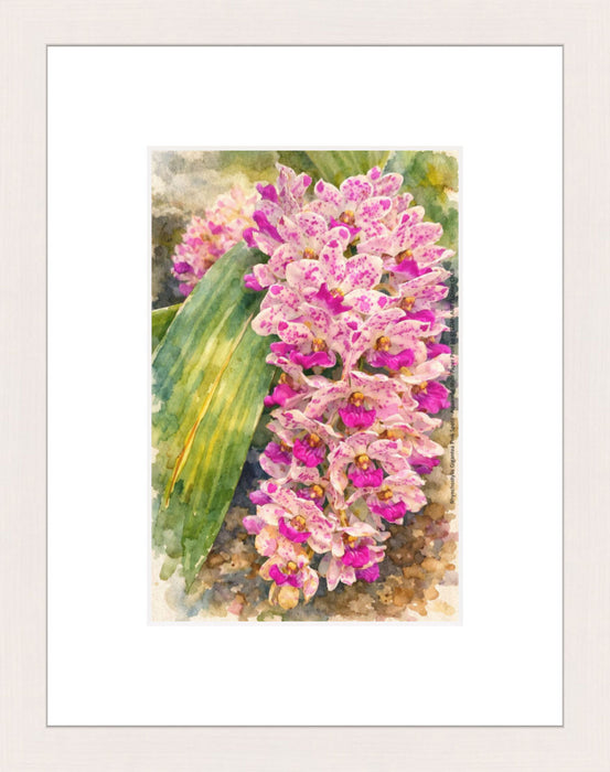 Rhynchostylis Gigantea Pink Spots, Aquarelle-style paper print in maple wood frame, after an original photograph by Swiss photographer TOMas Rodak for sale at TOMs FLOWer CLUB. 