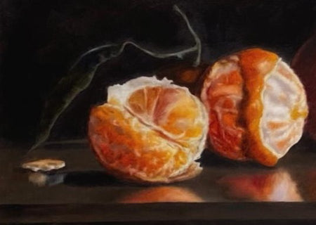 Intriguing "Fruits in the Darkness" Oil Painting by Czech artist Viktoria Penner. Available at TOMs ART FLOWer Club. Own this unique masterpiece, 24 x 30 cm.