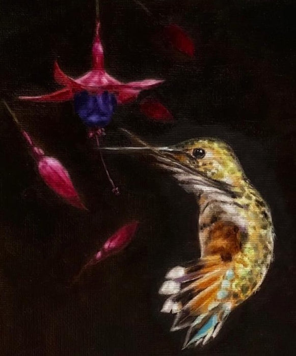 Captivating Hummingbird and Fuchsiah Oil Painting by Czech artist Viktoria Penner. Available at TOMs ART FLOWer Club. Own this exquisite masterpiece, 18 x 24 cm.