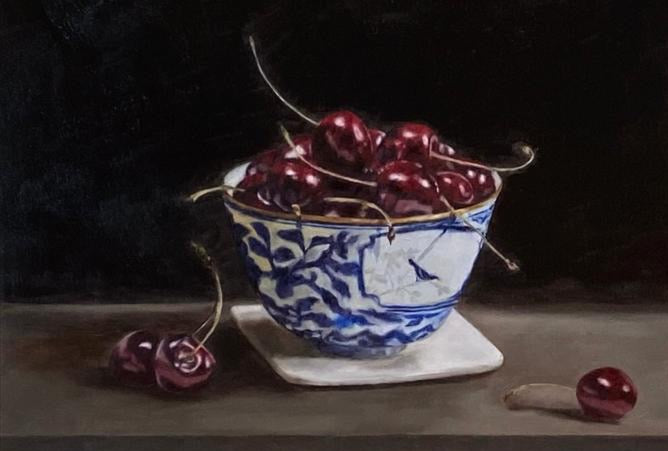 Unique "Still Life with Cherries" Oil Painting by Czech artist Viktoria Penner. Available at TOMs ART FLOWer Club. Own this masterpiece, 21 x 30 cm.