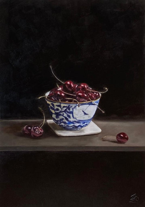 Unique "Still Life with Cherries" Oil Painting by Czech artist Viktoria Penner. Available at TOMs ART FLOWer Club. Own this masterpiece, 21 x 30 cm.