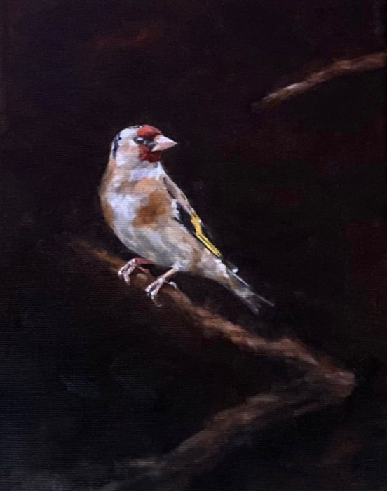 Original European Goldfinch Oil Painting by Czech artist Viktoria Penner. For sale at TOMs Art Flower Club. Varnished canvas, 20.5 x 25.5 cm. Signed & dated on the back.