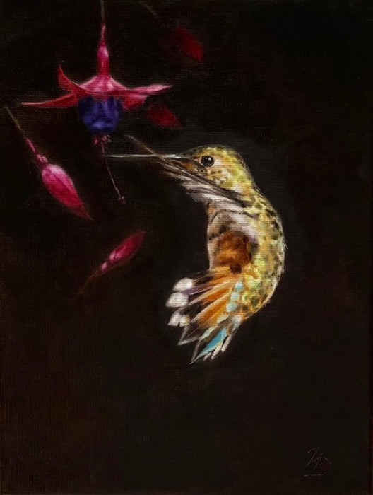 Captivating Hummingbird and Fuchsiah Oil Painting by Czech artist Viktoria Penner. Available at TOMs ART FLOWer Club. Own this exquisite masterpiece, 18 x 24 cm.