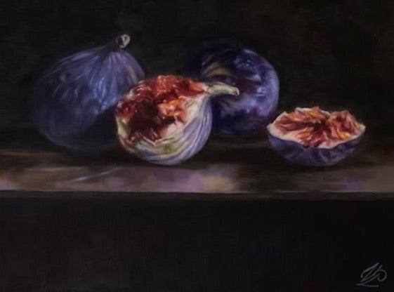 Original Still life with Figs and Hummingbird Oil Painting by Czech artist Viktoria Penner. For sale at TOMs ART FLOWer Club. Oil on panel, 25 x 35 cm. Signed & dated on the back.