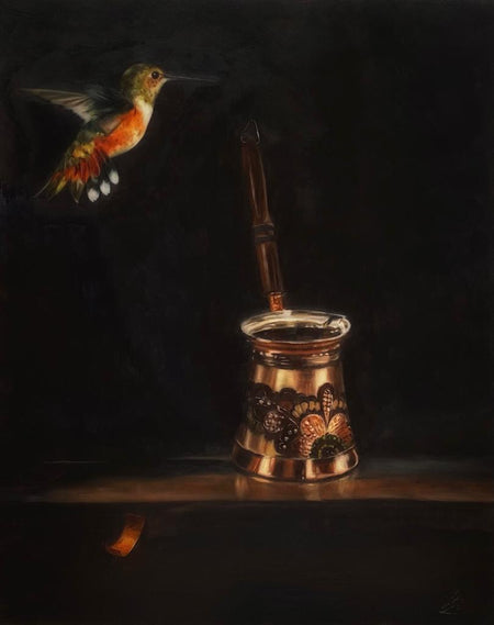 Original Still life with Hummingbird Oil Painting by Czech artist Viktoria Penner. For sale at TOMs ART FLOWer Club. Oil on panel, 24 x 30 cm. Signed & dated on the back.