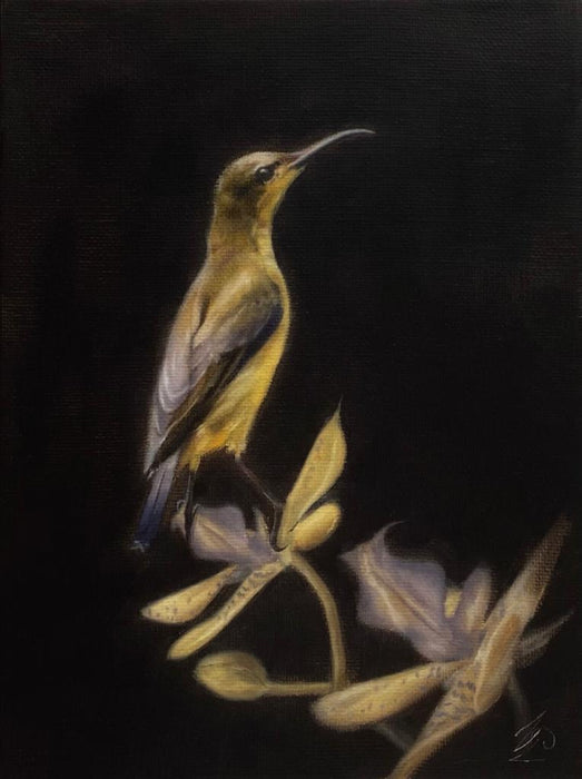 Authentic "Sunbird" Oil Painting by Czech artist Viktoria Penner. Exclusively at TOMs ART FLOWer Club. Own this masterpiece, 18 x 24 cm.