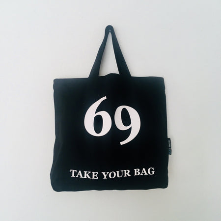 Black Organic Cotton Tote Bag with White 69 Design, Fair Trade Certified, 100% Combed Organic Cotton, Dimensions 48 x 44 x 10 cm, TOMs FLOWer CLUB, TAKE YOUR BAG