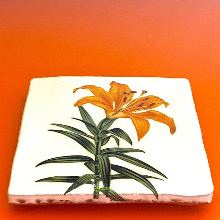 Orange Asiatic lily tile, glazed ceramic on terracotta, for sale at TOMs FLOWer CLUB.
