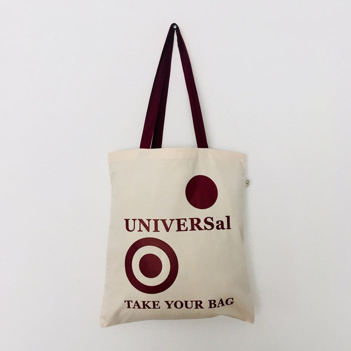 UNIVERSal - beige bag with burgundy handle - 38 x 42 cm