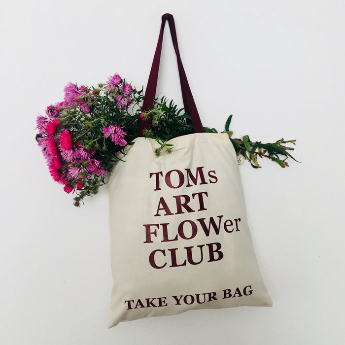 TOMs ART FLOWer CLUB - beige bag with burgundy handle - 38 x 42 cm
