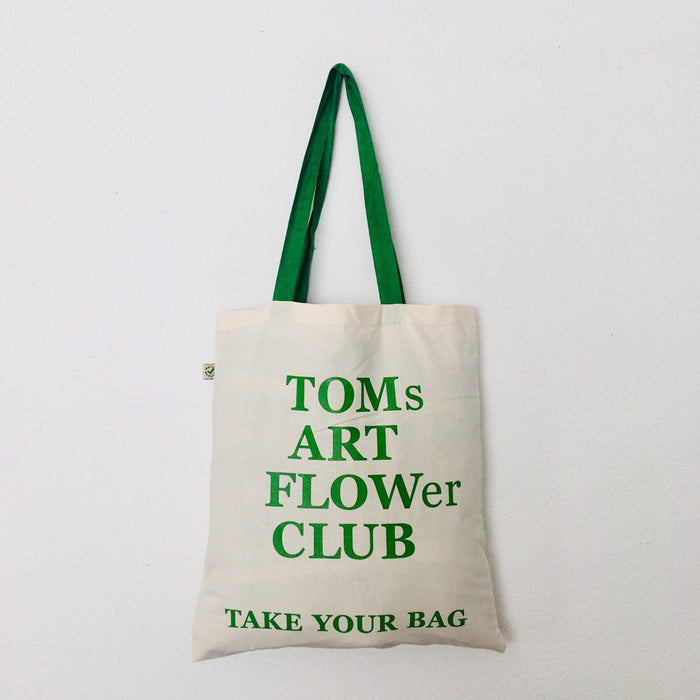 TOMs ART FLOWer CLUB - beige bag with green handle - 38 x 42 cm
