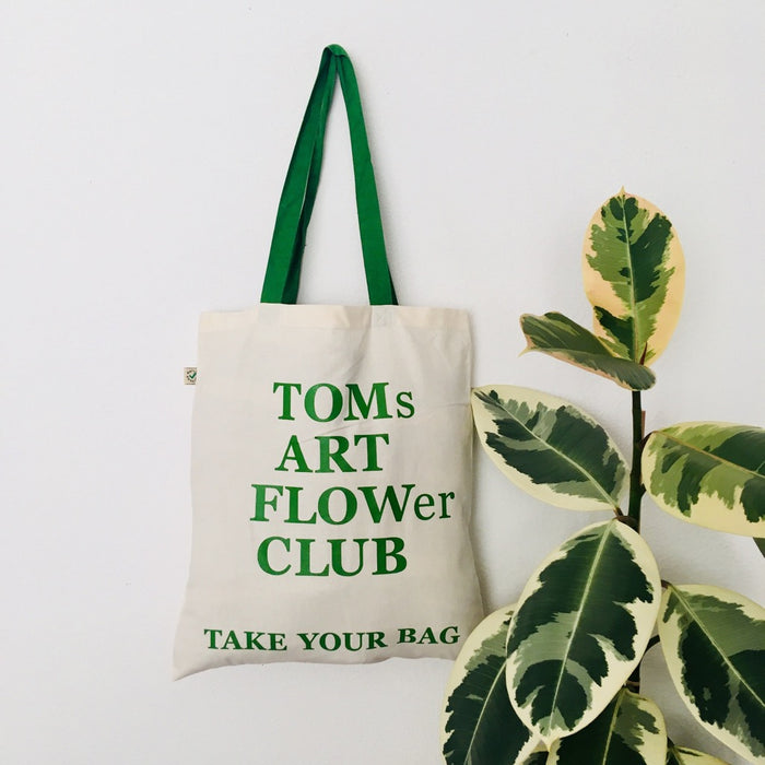TOMs ART FLOWer CLUB - beige bag with green handle - 38 x 42 cm